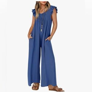Summer Loose Blue Jumpsuit. Wide Leg